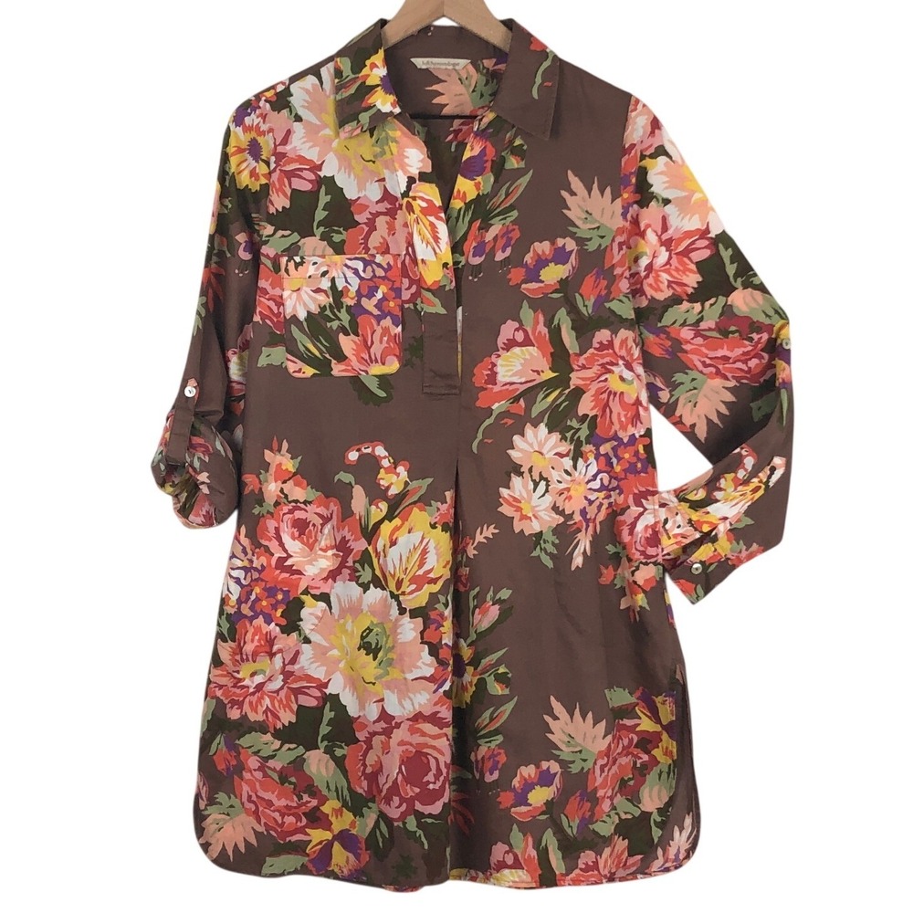 SOFT SURROUNDINGS Floral Cotton Tunic Women's L Brown Roll Tab Pockets Cottage
